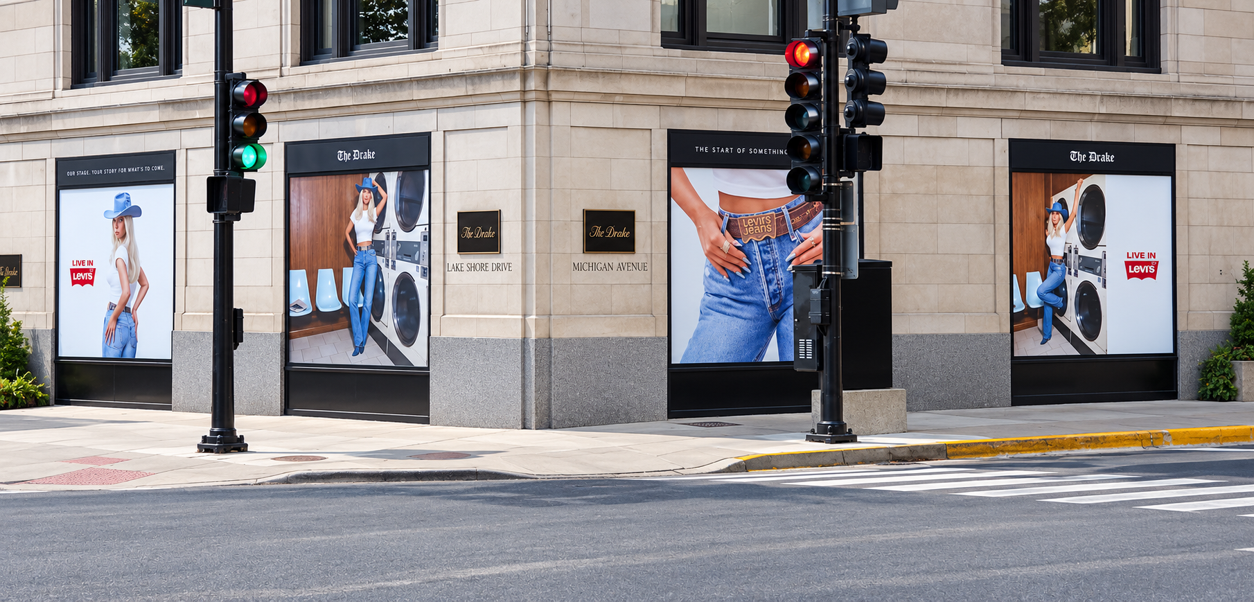 Levi's storefront campaign wrapping a corner building