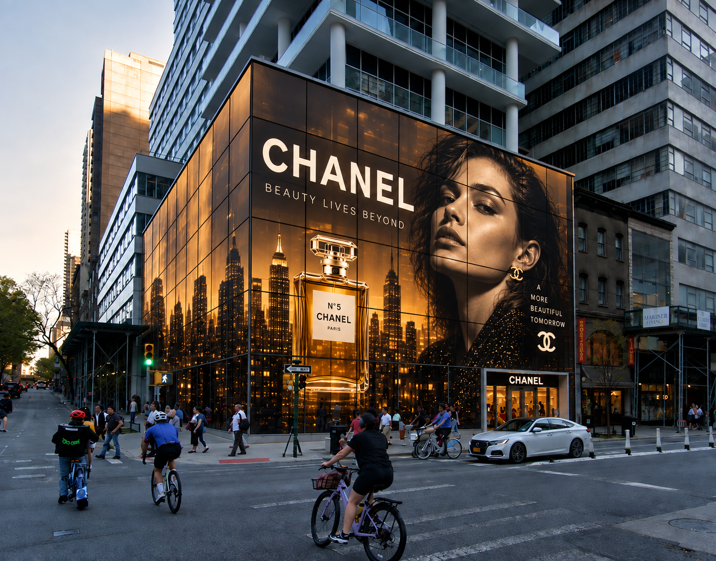 Chanel N°5 storefront wrap covering a corner building