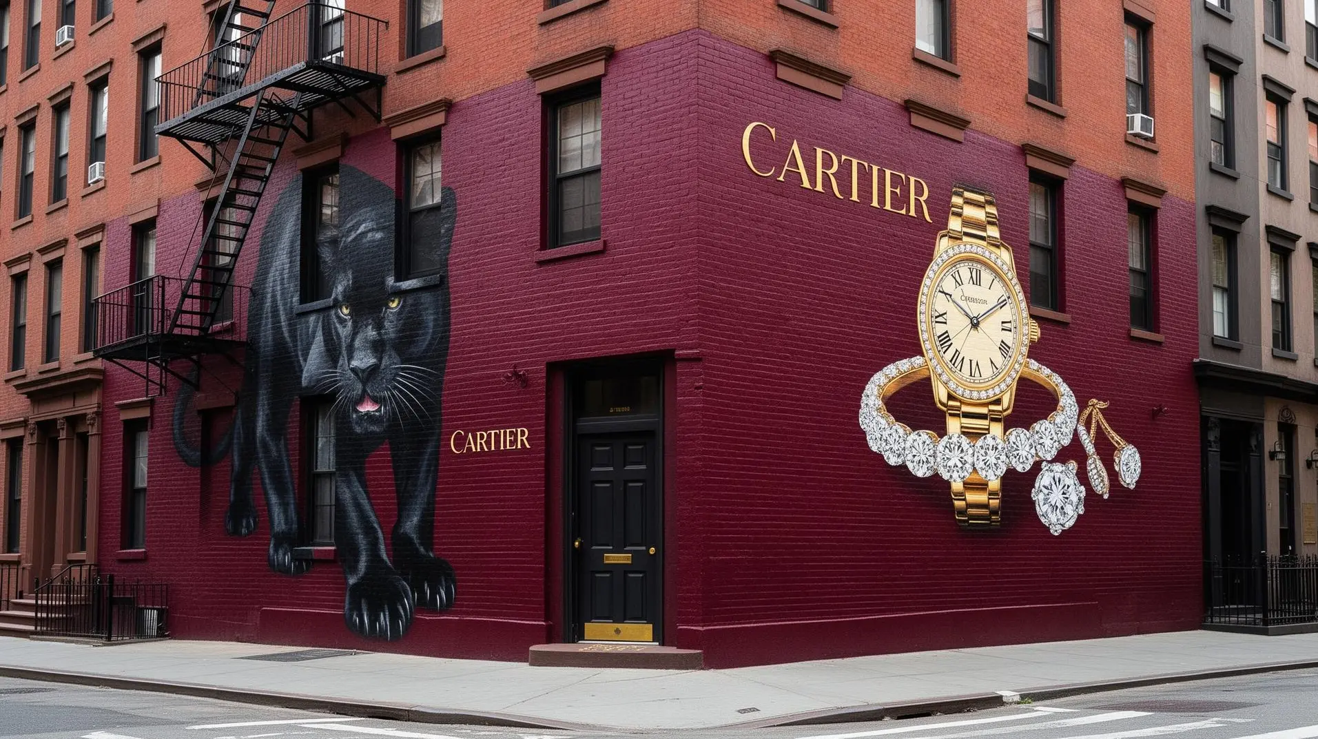 Cartier panther and jewelry mural painted on a building corner