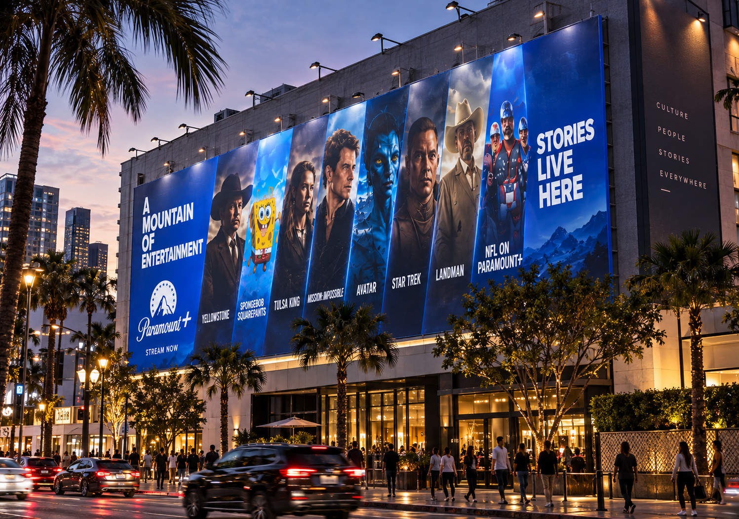 Paramount+ large-format wallscape wrapping a building corner